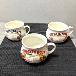 3 Vintage Soup Mugs With Recipes On Each One.  Excellent Condition, never used.